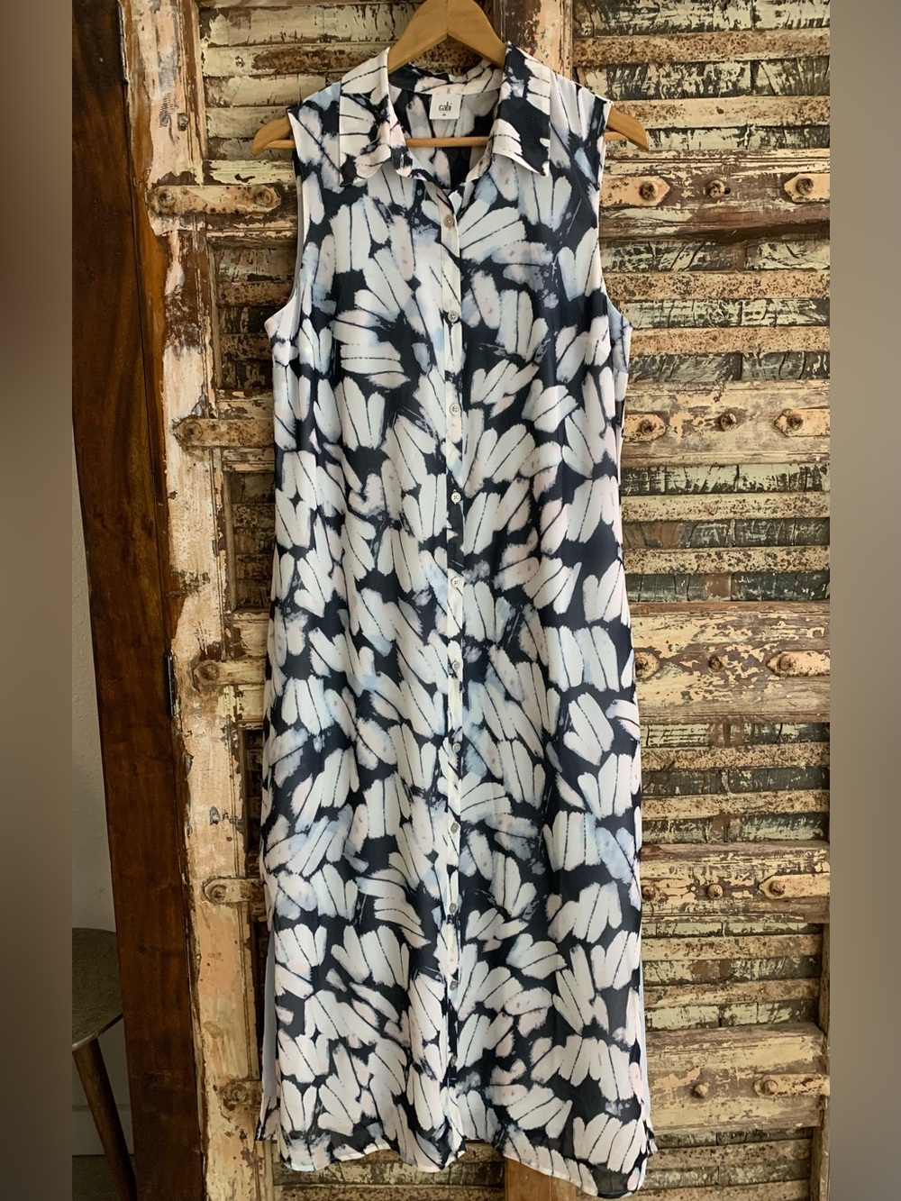 CAbi Sleeveless Abstract Floral Button-Front Navy and White Midi Shirt Dress, M